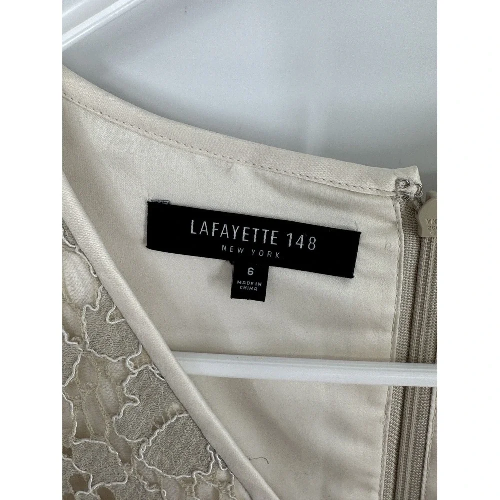 Lafayette 148 New York Women's Sleeveless V Neck Lace Overlay Dress 6 Bone Cream - Picture 5 of 8
